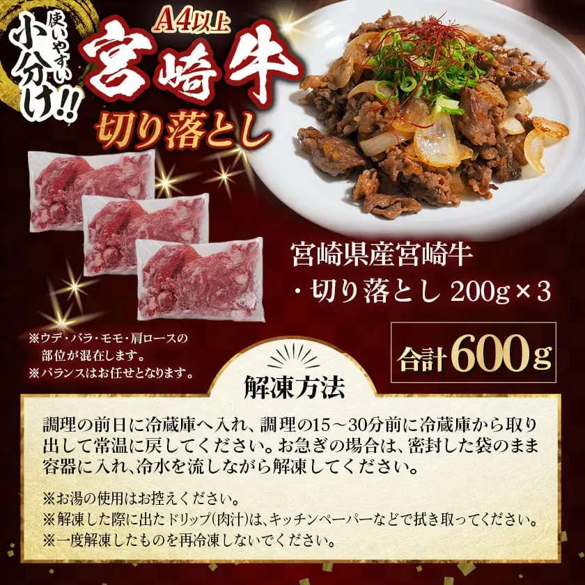 宮崎牛切り落とし【小分け】200g×3〔12-J704〕_(都城市) 宮崎県産 宮崎牛 ウデ バラ モモ 肩ロースが混在 小分けパック