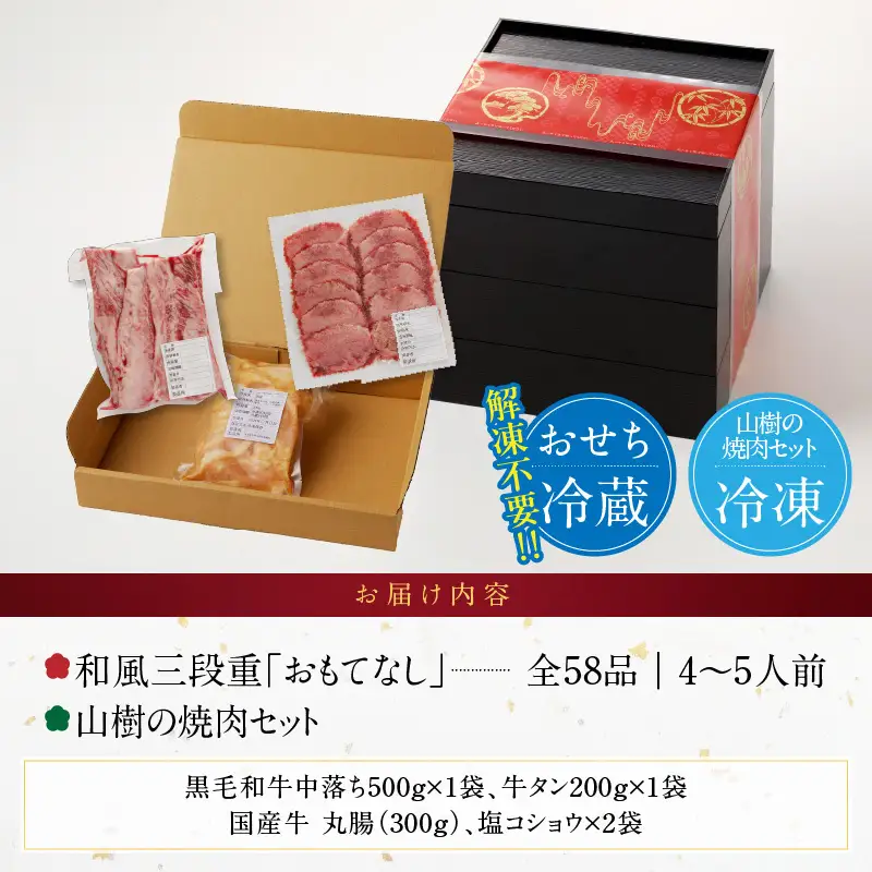 山樹の焼肉セット と 千賀屋謹製 迎春おせち料理 和風三段重「おもてなし」セット ［035S10-C］ 焼肉 セット 冷蔵おせち 焼肉 セット 牛タン ホルモン カルビ