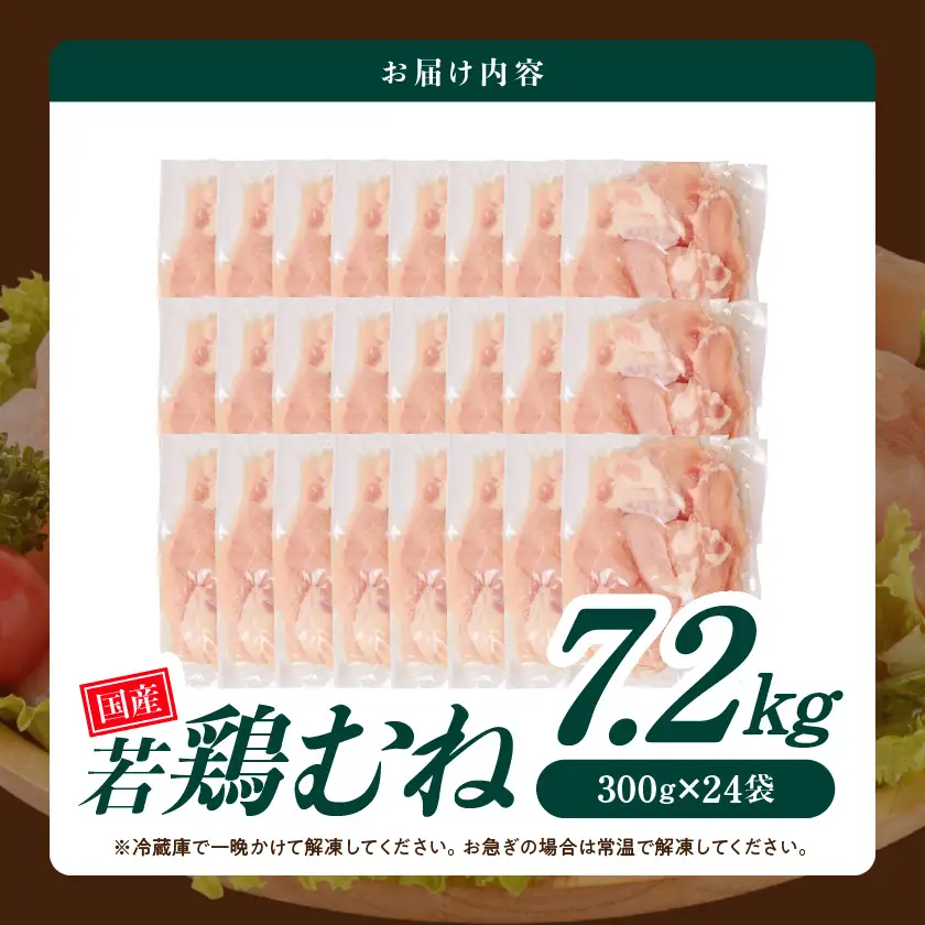 国産若鶏むね肉7.2kg 小分けパック!カット済み!〔21-33-005-7200g〕_(都城市)鶏肉 皮なしムネ 300g×24パック 小分け 使いやすい カット済 冷凍