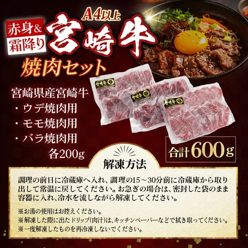 宮崎牛【赤身&霜降り】焼肉セット_16-J701_(都城市) 宮崎県産 宮崎牛 ウデ モモ バラ 焼肉用 600g