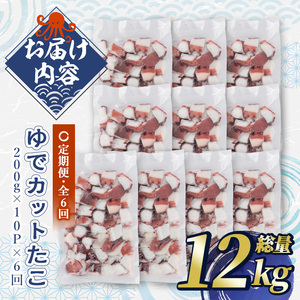 ＜定期便・全6回(隔月)＞ゆでカットたこ (総量12kg・200g×10P×6回) たこ タコ 蛸 ぶつ切り 茹で 小分け 海鮮 魚介 海産物 冷凍 国産 【206800601】【網中水産】
