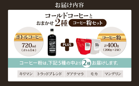 コールドコーヒー 720ml + おまかせ コーヒー 粉 200g × 2種類 キリマン トラッドブレンド グアテマラ モカ マンデリン