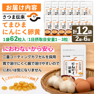 No.1278-B ＜定期便・全6回(隔月)＞てまひま にんにく卵黄(1袋 62粒入・2袋×6回) 鹿児島 日置市 ニンニク 健康食品 栄養 元気 有精卵 カプセル 安全安心 選べる 定期便 頒布会 サプリメント【てまひま堂】