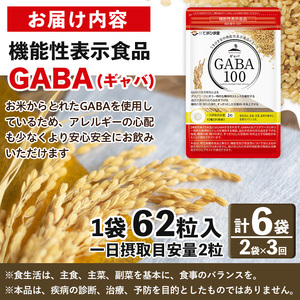 No.1286-A ＜定期便・全3回(隔月)＞GABA100(1袋 62粒入・2袋×3回 計6袋) 鹿児島 日置市 健康食品 機能性表示食品 サプリ 栄養バランス 食生活 安心安全 デスクワーク ストレス緩和 高血圧 定期便 頒布会【てまひま堂】