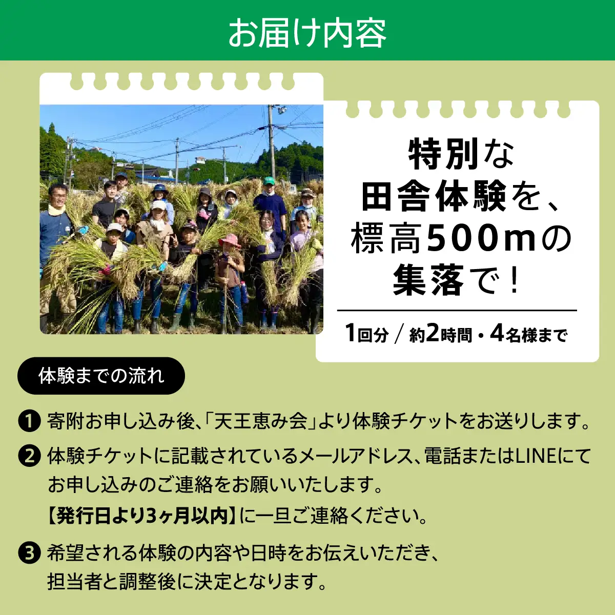【ふるさと納税】特別な田舎体験を、標高500mの集落で！(1回分/約2時間/4名様まで) | 天王恵み会 |  農業体験 田舎体験 体験 チケット 自然体験 旅行 特別な時間 ハイキング 川遊び ホタル観賞 標高500m 日帰り アクティビティ アウトドア |  大阪府 能勢町 送料無料