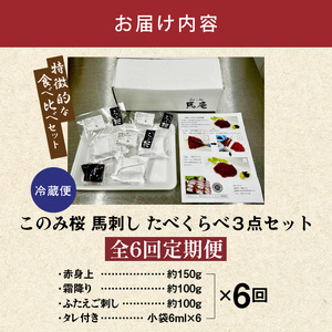 このみ桜たべくらべ３点セット　6回定期便_このみ桜 馬刺し 6回 定期便 食べ比べ 3点 セット ほんのり 甘い 赤身 上赤身 霜降り バラ肉 希少部位 ふたえご 馬肉 生肉 刺身 冷蔵 お取り寄せ 福岡県 久留米市 〔Tk069〕