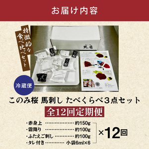 このみ桜たべくらべ３点セット　12回定期便_このみ桜 馬刺し 12回 定期便 食べ比べ 3点 セット ほんのり 甘い 赤身 上赤身 霜降り バラ肉 希少部位 ふたえご 馬肉 生肉 刺身 冷蔵 お取り寄せ 福岡県 久留米市 〔Tk070〕