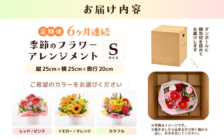 定期便 ≪6ヶ月連続お届け≫ 選べるカラー 季節のフラワーアレンジメント S (レッド・ピンク) 【お花 フラワー アレジメント 花束 ギフト 生花 プレゼント 花束 花 記念日 敬老の日 お祝い】 [D-20701_01]