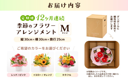 定期便 ≪12ヶ月連続お届け≫ 選べるカラー 季節のフラワーアレンジメント M (カラフル) 【お花 フラワー アレジメント 花束 ギフト 生花 プレゼント 花束 花 記念日 敬老の日 お祝い】 [L-20701_03]