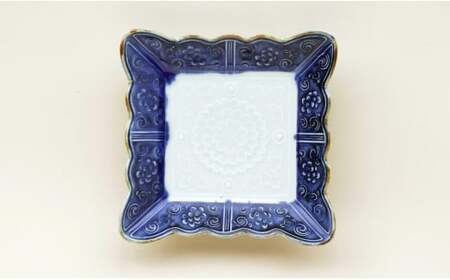 【アウトレット・デッドストック 】有田焼 フチサビ 青釉流し 額縁形レリーフ 高台皿 【SPECIAL THANKS】 食器 うつわ 器 訳あり 染付 A18-262