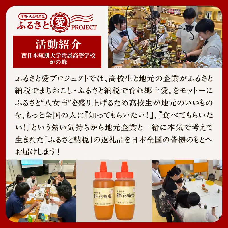 国産百花蜂蜜1kg（500gとんがり容器×2本）【ふるさと愛プロジェクト】 ハチミツ 非加熱 純粋はちみつ ハニー 福岡県 八女市 保存食 防災グッズ 非常食 ボトル 024-FP