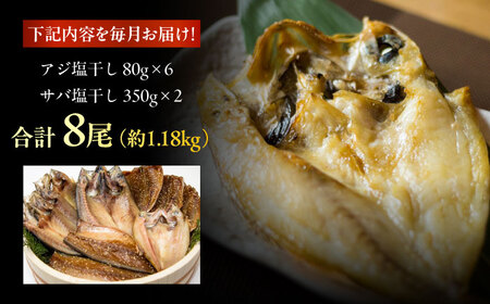 【6回定期便】【M】一夜干し 塩干し（アジ/サバ）計8尾 五島市/愛情食彩[PCH019]