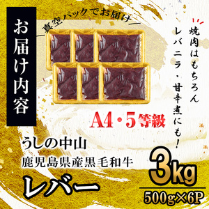 うしの中山 A4・A5等級黒毛和牛 レバー 計3kg（500g×6P）黒毛和牛 和牛 肉 ホルモン 国産 九州産 鹿児島県産 焼肉 炒め物  牛レバー 冷凍 日本一 c0-133