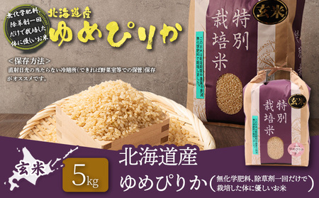 【2025年産】北海道産 特別栽培米 ゆめぴりか 玄米 5kg（無化学肥料、除草剤一回だけで栽培した体に優しいお米）【25146】