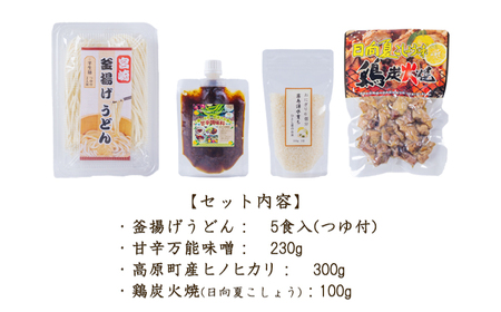 《ふるさとの高原の味》霧島の恵み！ごちそううどんセット[釜揚げうどん 万能味噌 ヒノヒカリ 鶏炭火焼 特産品詰合せ セット おかず おつまみ 贈り物 ギフト ワンストップオンライン 10000円以下] TF0858-P00008