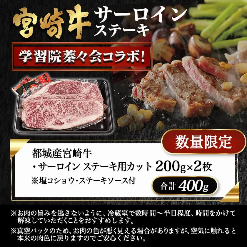 学習院蓁々会コラボ☆宮崎牛サーロインステーキ200g×2枚〔33-N401〕_(都城市) 4等級以上 ステーキ 牛肉 都城産 宮崎牛 和牛 国産 サーロイン 200g サシ 霜降り 真空パック 贈答用 ギフト
