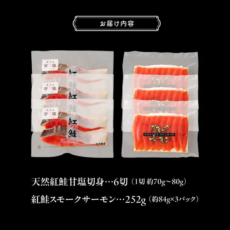【紅鮭セット】天然紅鮭甘塩切身（6切）・紅鮭スモークサーモン（非燻煙 3パック）_HD139-021