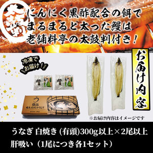 【訳あり】鹿児島県産！秘伝の特上スタミナうなぎ白焼き＜計300g以上／2尾以上＞肝吸いセット！ a6-064