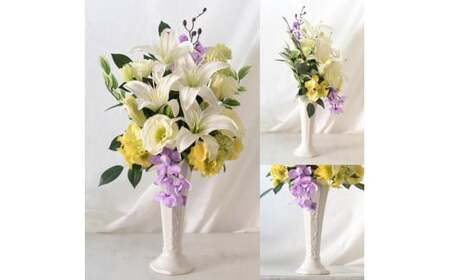 【完成品】そのまま飾れるお洒落な仏花「やすらぎ アレンジタイプ」お洒落な造花の仏花 【白い花器、サカキ、ライトパープル】