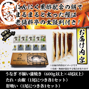【訳あり】鹿児島県産！秘伝のスタミナうなぎ蒲焼き＜計600g以上/4尾以上＞肝吸いセット！ にんにく黒酢パワーで丸々太った美味しい鰻！ うなぎ ウナギ 鰻 蒲焼き スタミナ 黒酢 ニンニク 不揃い 鹿児島 肝吸い c0-138