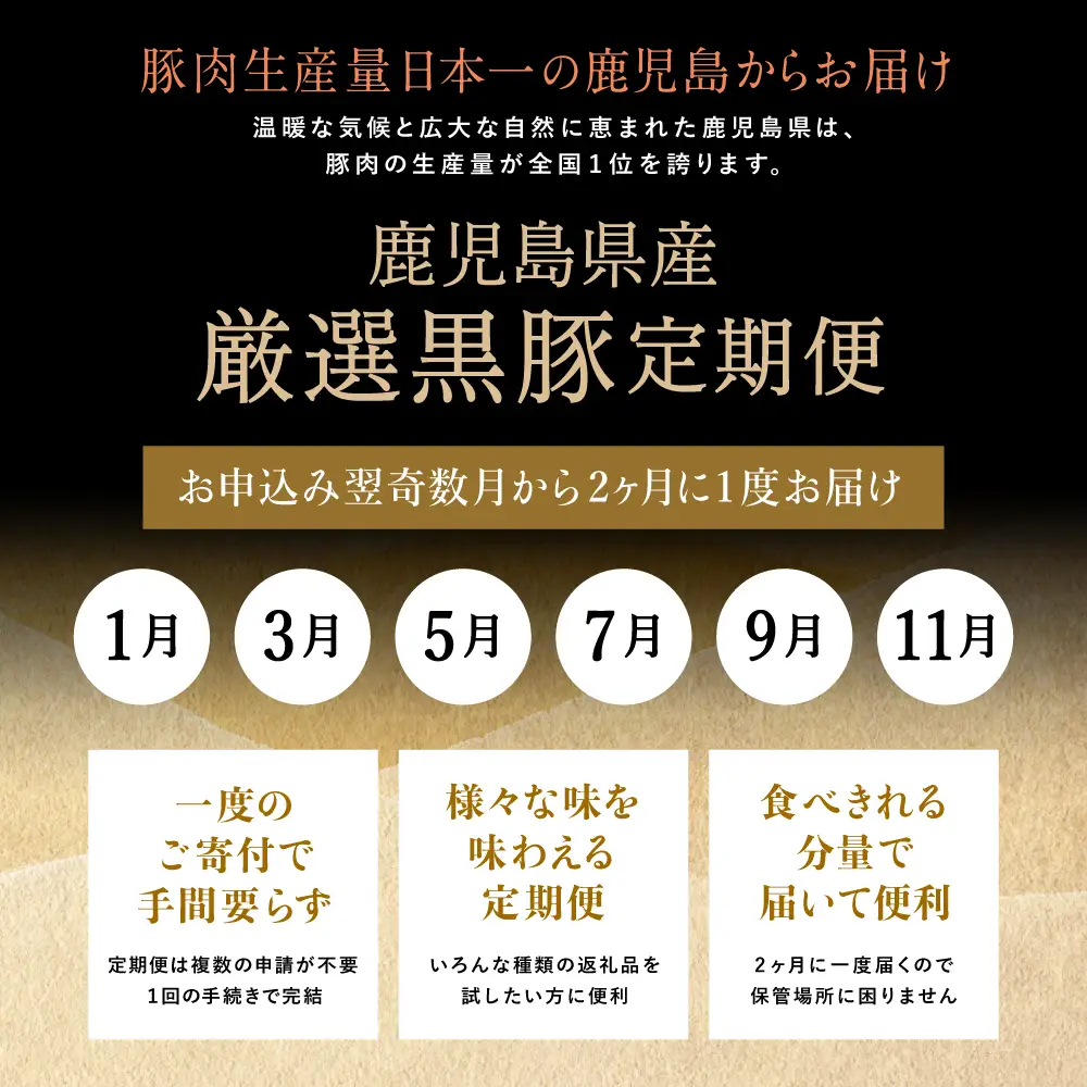 【定期便】畜産王国鹿児島の厳選黒豚定期便（全6回） お肉 国産 鹿児島県産 豚肉 しゃぶしゃぶ とんかつ 焼肉 焼き肉 切り落とし 焼豚 チャーシュー ローストポーク セット 食べ比べ コワダヤ スターゼン 万世ストアー 焼肉次郎長 南さつま市