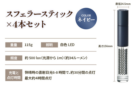 【世界初の全方位受光ソーラー】スフェラースティック（カラー：ネイビー）×4本セット【080023】