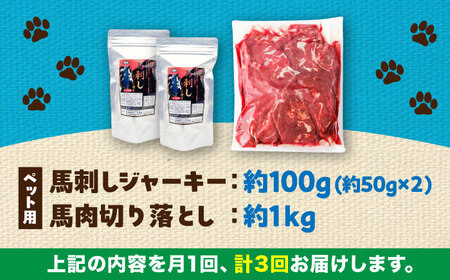 【全3回定期便】詰め合わせ 国内加工 ペット用 馬肉 切り落とし 約1kg ペット用 馬刺しジャーキー 約100g BHCY066