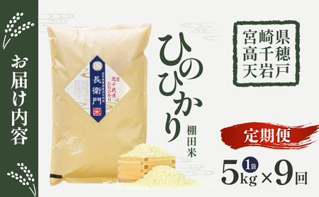 【9か月定期便】【令和7年産】13代目甲斐長衛門が選び抜いた高千穂産ひのひかり　長衛門米5㎏×9回 ふるさと納税 6か月定期便 13代目甲斐長衛門が選び抜いた高千穂産ひのひかり 長衛門米 ヒノヒカリ お米 精米 白米 米 白ご飯 ごはん おにぎり おむすび 米袋 農作物 定期便 宮崎県産 高千穂町産 普段使い おすすめ 宮崎県 高千穂町 _Tk019-t022