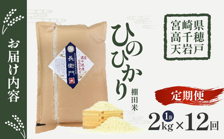 【12か月定期便】【令和7年産】13代目甲斐長衛門が選び抜いた高千穂産ひのひかり　長衛門米2㎏×12回 ふるさと納税 12か月定期便 13代目甲斐長衛門が選び抜いた高千穂産ひのひかり 長衛門米 ヒノヒカリ お米 精米 白米 米 白ご飯 ごはん おにぎり おむすび 米袋 農作物 定期便 宮崎県産 高千穂町産 普段使い おすすめ 宮崎県 高千穂町 _Tk019-t044