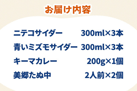 ニテコサイダー3本・青いミズモサイダー3本とたぬ中・キーマカレーのセット 炭酸飲料 カレー キーマカレー レトルト 中華麺