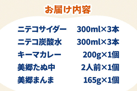 ニテコサイダー3本・ニテコ炭酸水3本とたぬ中・キーマカレー・美郷まんまのセット 炭酸飲料 カレー キーマカレー レトルト 中華麺 まぜごはん