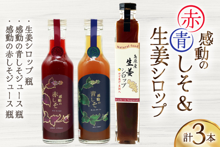 AJ310 感動の赤しそジュース 瓶 200ml 感動の青しそジュース 瓶 200ml 生姜シロップ 瓶 250ml 飲み比べセット [ しそジュース 紫蘇ジュース 赤しそ 青しそ 長崎県 島原市 ]