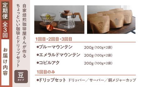 2747 【 全3回 定期便 】 【 焙煎 豆 】 ＜ 自家焙煎 珈琲屋さんが作る ちょっといい 珈琲 と ドリップ セット （ ブルーマウンテン ・ エメラルドマウンテン ・ コピルアク ） ＞ KN078-T03 コーヒー