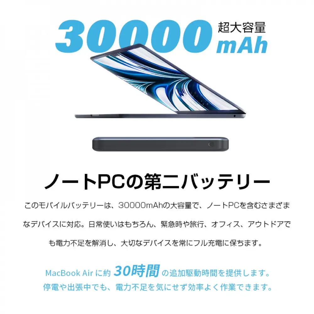 【2025年新モデル】モバイルバッテリー 30000mAh/111Wh大容量 USB-A出力 Type-C出力/入力 4台同時充電 PD110W急速充電 ノートPC充電対応 パワーバンク 多機種対応 薄型 iPhone16/15充電 安全保護機能搭載 防災グッズ PSE認証済 【PL保険加入済み製品・安心】