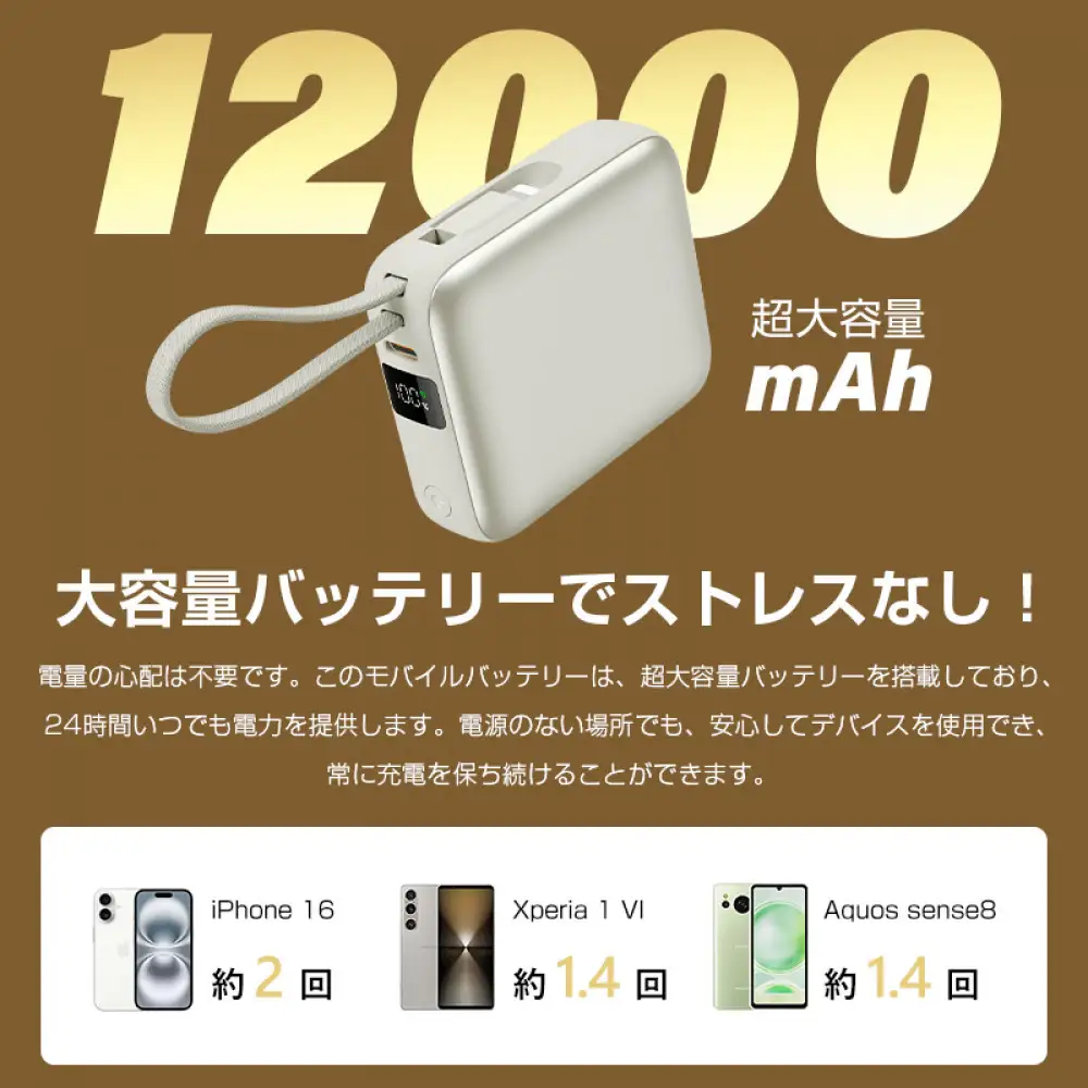 【2025年モデル】モバイルバッテリー 12000mAh 46.2Wh ＜シルバー＞大容量 3台同時充電 ２本ケーブル内蔵 PD22.5W 急速充電 QC3.0 携帯充電器 防災電源 iPhone16充電 USB-A / Type-C / iPhone 出力 Type-C入力 高品質 コンパクト 防災グッズ PSE認証 【PL保険加入済み製品・安心】
