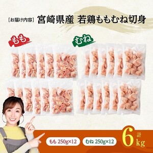 ※令和8年6月発送※宮崎県産若鶏　ももむね切身IQF6kg（各250g×12） 【 宮崎県産 真空パック 国産 九州産 鶏肉 若鶏 肉 とり もも むね モモ肉 ムネ肉 宮崎県 川南町 送料無料 】