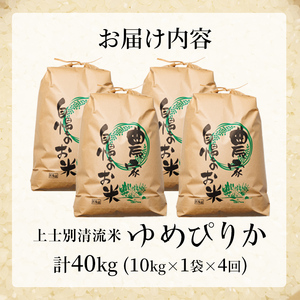 【F7196】《定期便・全4回》上士別清流米 ゆめぴりか (10kg×4回・計40kg) 米 お米 精米 白米 北海道米 ごはん ゆめぴりか 北海道産 士別産 5kg 40kg 定期便 【合同会社T&M】