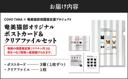 【 奄美 の 保護猫支援 （ ワクチン 代 ）】 ＋ ポストカード ＆ クリアファイル セット A071-009 お手紙 猫デザイン 3種 オリジナルポストカード A4サイズクリアファイル 保護猫プロジェクト cafeCOVOTANA ふるさと納税 鹿児島 奄美市 おすすめ ランキング プレゼント ギフト