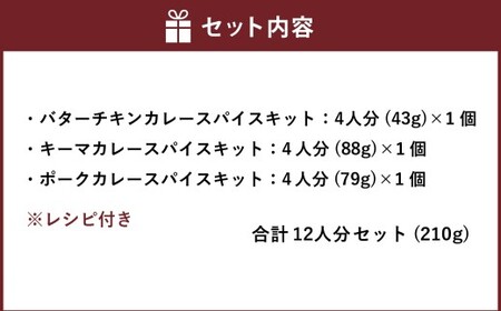 スパイスカレー キット 12人分 （4人分×3） バターチキン （43g×1個） ・ キーマ （88g×1個） ・ ポーク （79g×1個） 合計210g ／ 3種類 レシピ付き カレー スパイス 手作り 簡単調理 セット 北海道 北広島市 常温