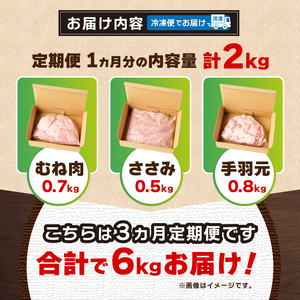 ＼＼3ヶ月定期便／／山梨県産＜健味鶏＞むね肉、ささみ、手羽元 セット（計2kg×3ヶ月）