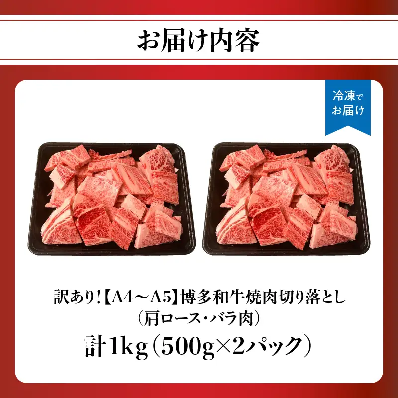 訳あり！【A4～A5】博多和牛焼肉切り落とし(肩ロース・バラ） 1kg(500g×2p) 肉 お肉 和牛 黒毛和牛 博多和牛 A4 A5 焼肉 BBQ バーベキュー 肩ロース バラ カルビ 贈り物 化粧箱 福岡県 八女市 214-027