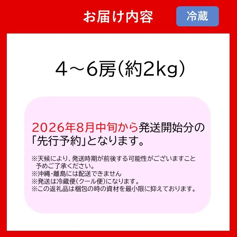 シャインマスカット4-6房(約2kg)＜2026年8月中旬から発送開始分先行予約＞【B6-028】
