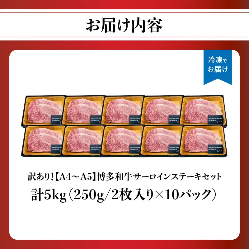訳あり！【A4～A5】博多和牛サーロインステーキセット 5kg（250g2枚入り×10p） ステーキ 牛肉 お肉 国産 和牛 黒毛和牛 A5 福岡県 八女市 214-044