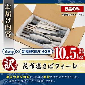 ＜定期便(隔月)・全3回＞訳あり！昆布塩さばフィーレ(B品のみ・計10.5kg) 大容量 ボリューム サバ 鯖 おかず おつまみ 惣菜 焼き魚 切り身 昆布 ご家庭用 リピート 定期便 【グローバルフーズ】akn061-29