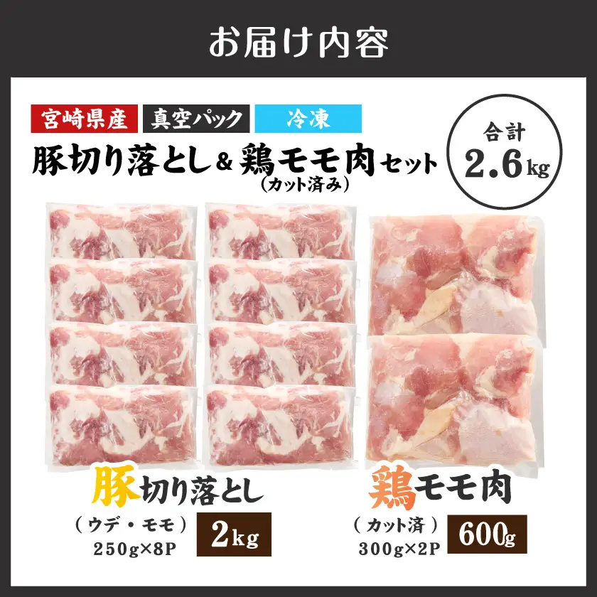 宮崎県産豚切り落とし2kg&鶏モモ肉(カット済み)600g〔MJ-N501〕_(都城市) 宮﨑県産 切り落とし ウデ・モモ 豚肉 小分け 宮崎県産鶏 真空パック もも肉 カット済