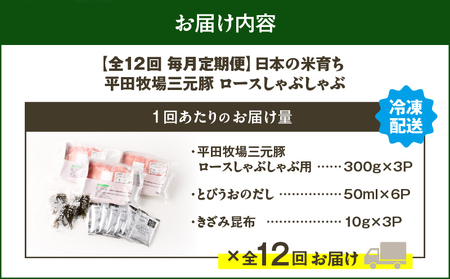 【 全12回 毎月 定期便 】 日本 の 米育ち 平田牧場 三元豚 ロース しゃぶしゃぶ T036-T01-03 肉 豚肉