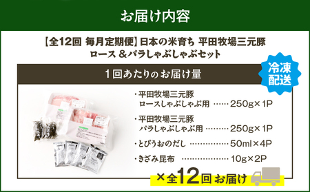 【 全12回 毎月 定期便 】 日本 の 米育ち 平田牧場 三元豚ロース 250g ・ バラ しゃぶしゃぶ ロース 250g T036-T02-03 肉 豚肉