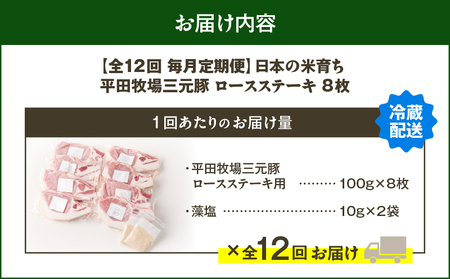 【 全12回 毎月 定期便 】 日本 の 米育ち 平田牧場 三元豚 ロース ステーキ 8枚 T036-T04-03 肉 豚肉