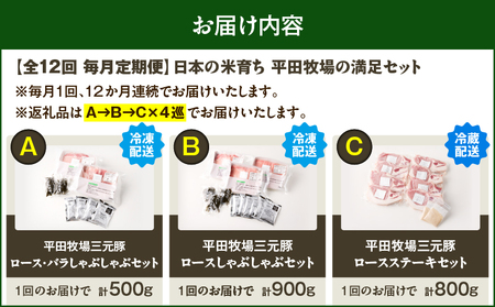 【 全12回 毎月 定期便 】 日本 の 米育ち 平田牧場 の 満足セット ！ T036-T05-03 肉 豚肉