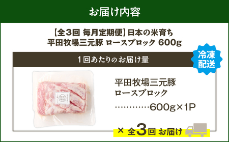 【 全3回 毎月 定期便 】 日本 の 米育ち 平田牧場 三元豚 ロース ブロック 600g T036-T06-01 肉 豚肉
